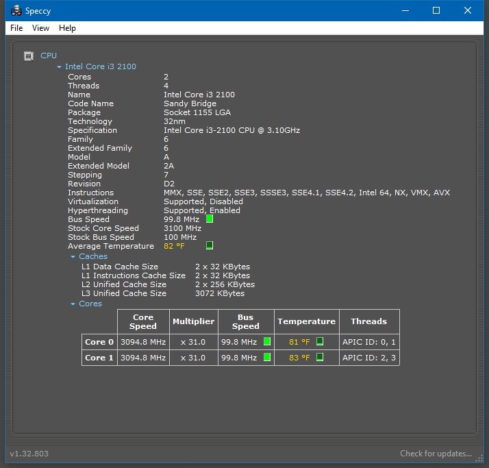 Intel® SR05C Core™ i3-2100 Processor 3.1 GHz, 512K L2/3 MB L3 Cache CPU