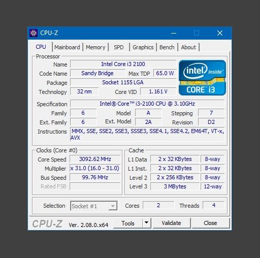 Intel® SR05C Core™ i3-2100 Processor 3.1 GHz, 512K L2/3 MB L3 Cache CPU