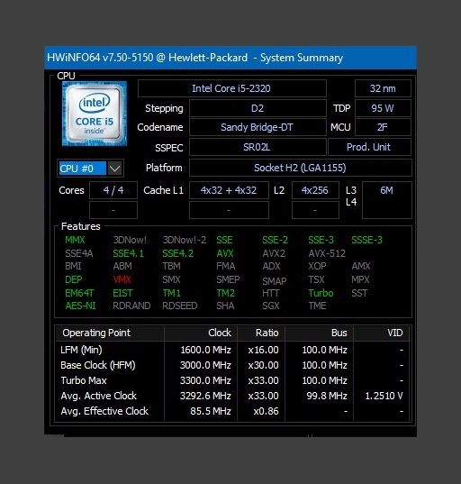 Intel® SR02L Core™ i5-2320 Processor 3.0 GHz, 1 MB L2/6 MB L3 Cache CPU