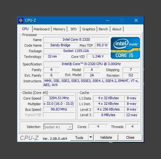 Intel® SR02L Core™ i5-2320 Processor 3.0 GHz, 1 MB L2/6 MB L3 Cache CPU