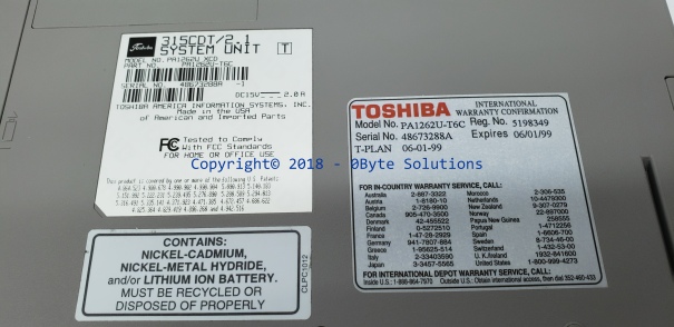 Toshiba Satellite 315CDT (PA1262U-T6C) Laptop with Battery, Software & PCMCIA Cards, CPU & RAM
