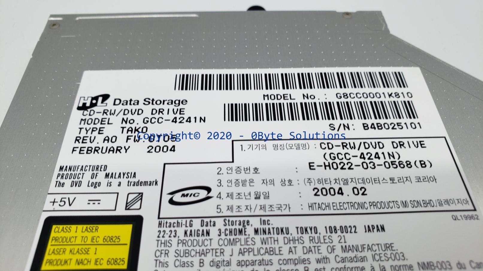 Toshiba/Hitachi LG G8CC0001K810/GCC-4241N (TAK0) CD/DVD Optical Drive