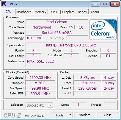 Intel® SL77T Celeron® Processor 2.80 GHz, 125K Cache, 400 MHz FSB Socket PPGA478 CPU