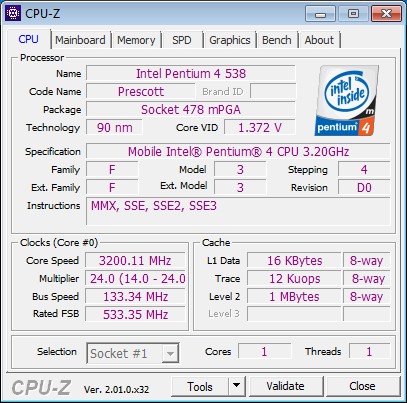 Intel® SL7DU Mobile Pentium® 4 Processor 538 3.20GHz, 1M Cache, 533MHz Socket PPGA478 CPU